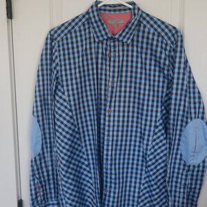 Ted Baker London Shirt, Size 4 (large)  Blue Gingham, Elbow Gusset Patch